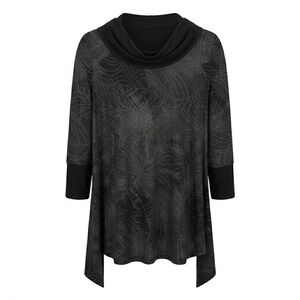 IC Connie K Black Silver Abstract Palm‎ Cowl Neck Sharkbite Tunic XL - CJ